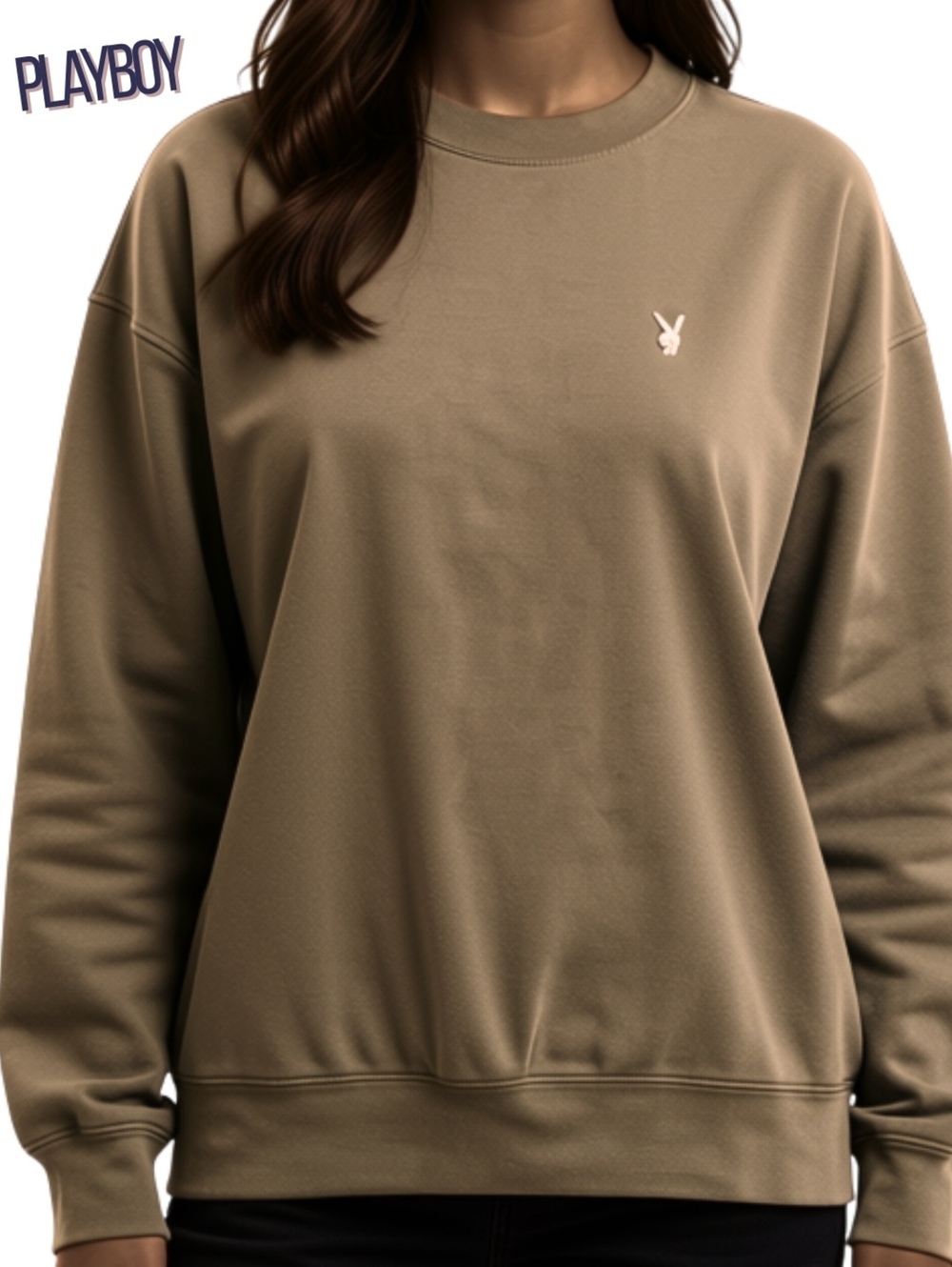 Playboy by PacSun Brown Crewneck Sweatshirt with 3D Metallic Bunny Logo, Size M
